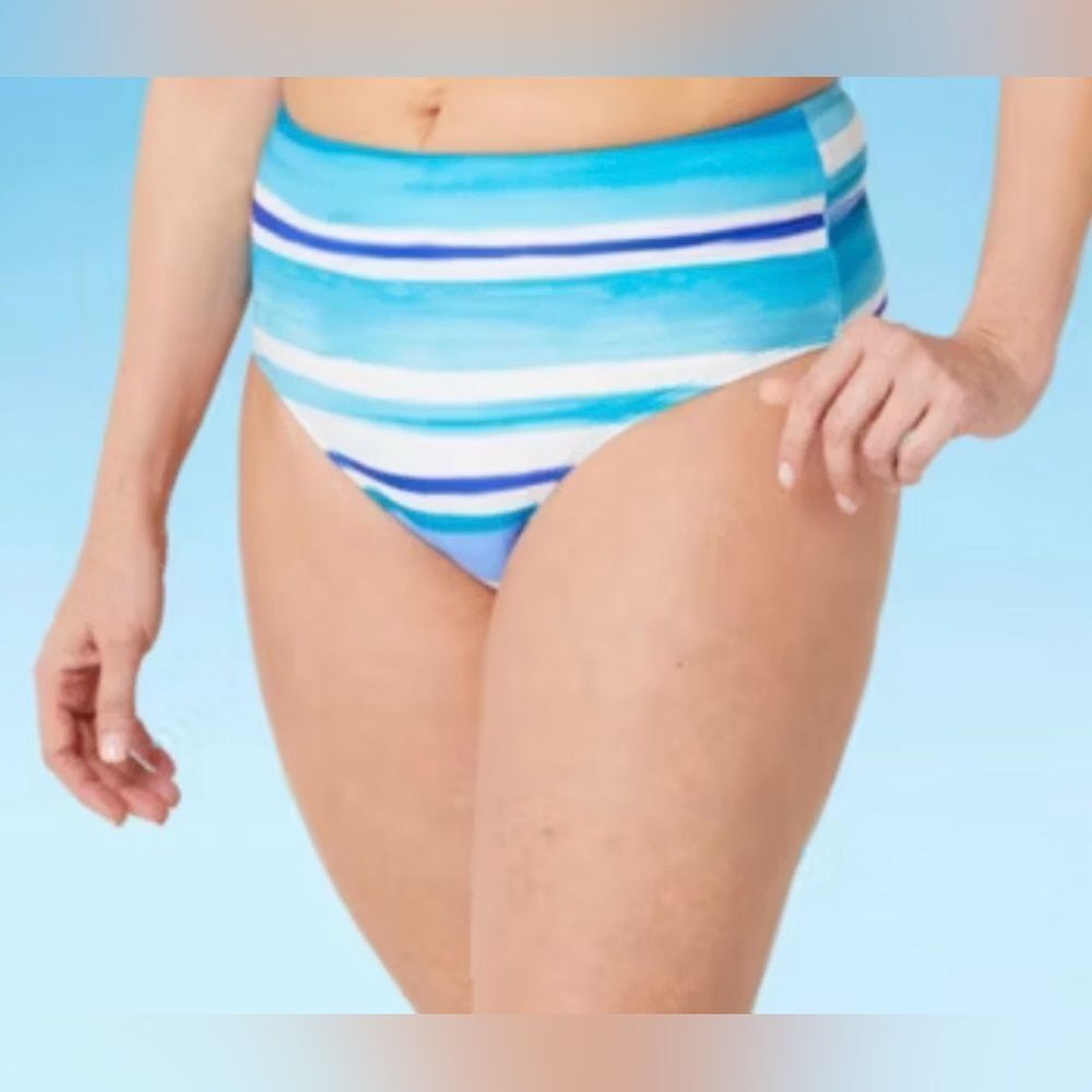 Oasis Blue White Stripe Pattern Swim Bikini Bottom Size Medium